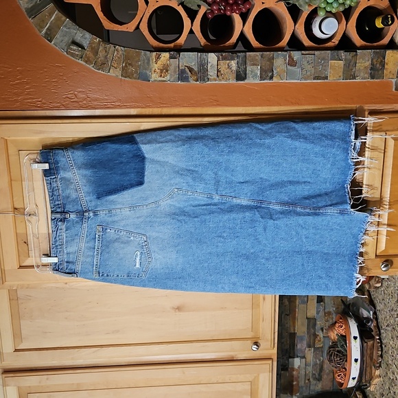 Free People We The Free Reworked Denim Midi Skirt Button Fly Distressed Blue - Picture 2 of 3